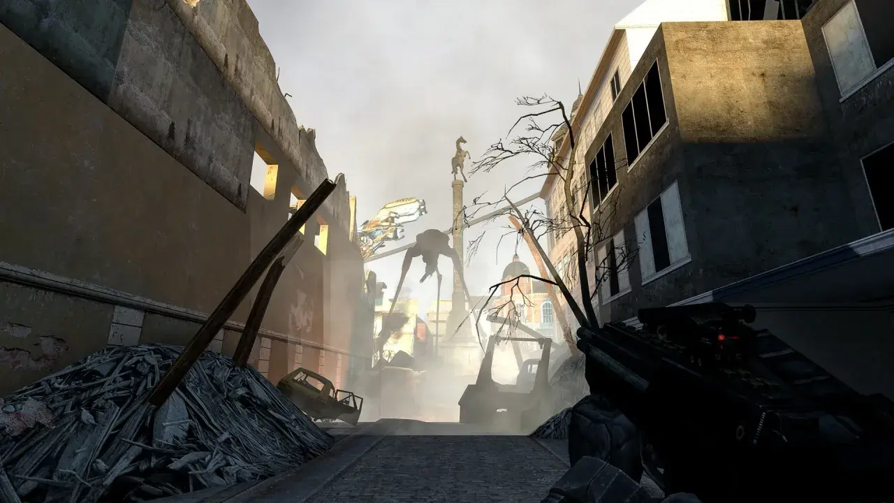 Zniszczone miasto w Half-Life 2 Remastered. W oddali widać maszynę kroczącą Combine.