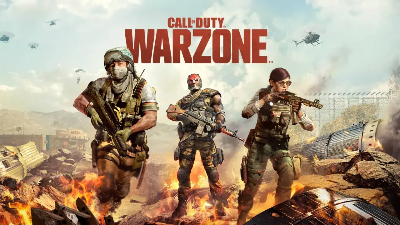 Trzech żołnierzy Call of Duty Warzone w akcji, otoczonych płomieniami i zniszczeniem. Sprawdź call of duty warzone wymagania, by dołączyć do walki!