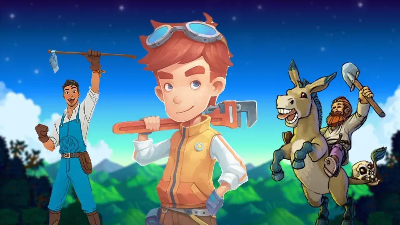 Trzech bohaterów z narzędziami, idealnych do gier podobnych do Stardew Valley. Jeden z motyką, drugi z kluczem, a trzeci na wesołym osiołku z łopatą.