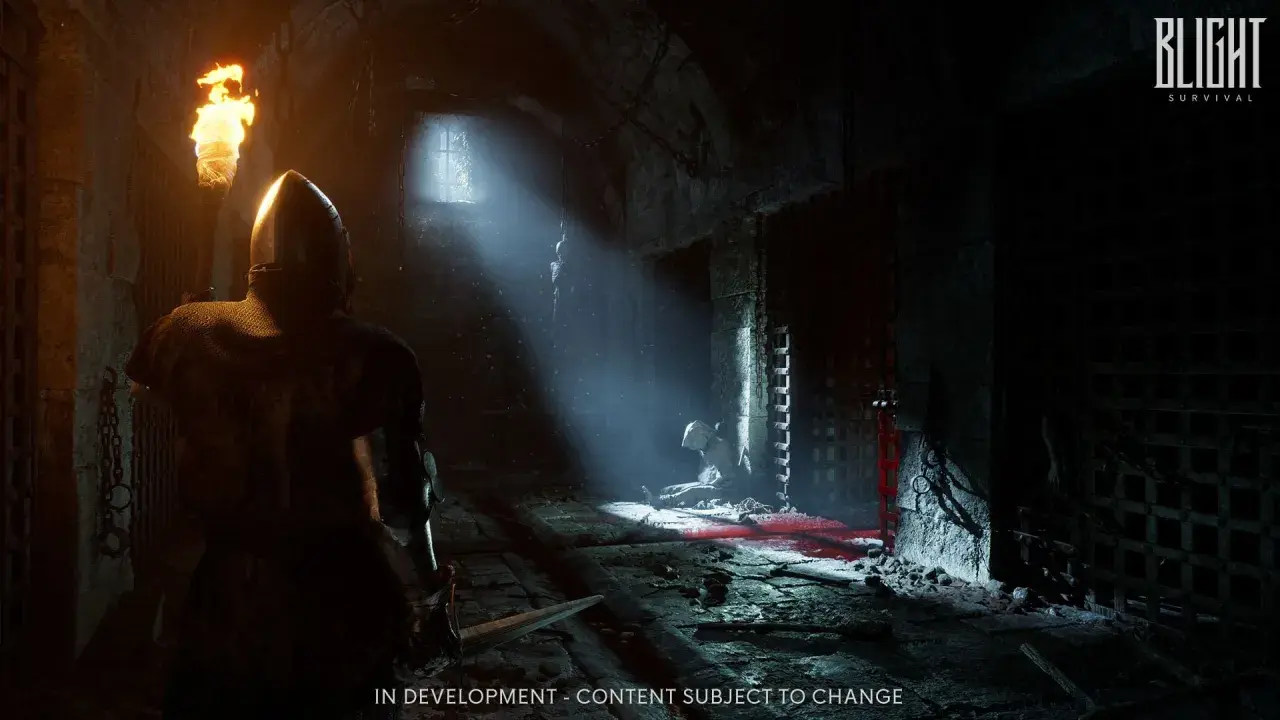 Mroczne lochy, rycerz z pochodnią i mieczem, przygotowuje się do walki o przetrwanie w grze Blight Survival na Xbox.