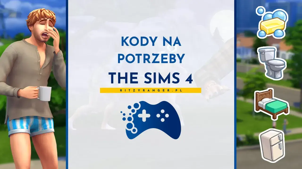 Ziewający Sim z kubkiem w ręku, obok ikony gry The Sims 4 i napisu "Kody na potrzeby The Sims 4".