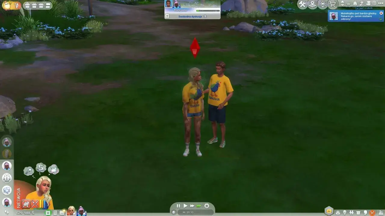 Para młoda w żółtych koszulkach z kurczakiem, w grze The Sims historie z życia wzięte.