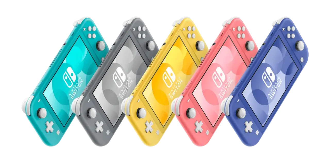 Różne rodzaje Nintendo Switch Lite: turkusowy, szary, żółty, koralowy i niebieski.
