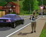 Sim w stroju lamy na ulicy, jakby właśnie wysiadł z samochodu, gotowy na przygody w The Sims 2 na studiach.