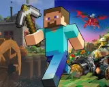 Steve z kilofem w ręku, obok niego światy inspirowane grami podobnymi do Minecrafta: z młynem wodnym i smoczym pościgiem w stylu Lego.