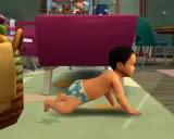 Mały Sim w pieluszce z liśćmi raczkuje po dywanie. To urocze mody dla niemowląt The Sims 4.