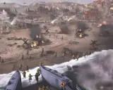 Żołnierze lądują na plaży, walcząc z wrogiem w dynamicznej grze **gry rts**. W tle płoną pojazdy i budynki.