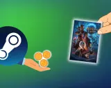 Ręka trzyma kartę z grą Baldur's Gate. Obok logo Steam i monety. Jak usunąć grę z biblioteki Steam?