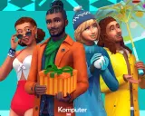 Cztery postacie z gry The Sims, w tym kobieta w stroju kąpielowym, mężczyzna z prezentem, dziewczyna z kulką śniegu i mężczyzna z parasolką. To idealne simsy dla dorosłych!