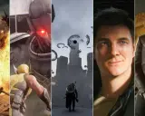 Kolekcja najlepszych gier akcji: wojownik w ogniu, Wolverine kontra robot, tajemnicza postać przed wieżą, mężczyzna i kobieta w miejskim klimacie.