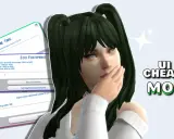 Dziewczyna z zielonymi włosami i okienkami z gry The Sims 4, pokazującymi opcje "Set Game Time" i "Eco Footprint" z moda **ts4 ui cheats**.
