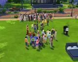 Impreza w The Sims 4 z mod na więcej niż 8 simów. Tłum Simów bawi się na trawniku, grilluje i gra w szachy.