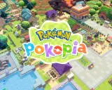 Kolorowa wioska z gry Pokemon na PC. Logo "Pokemon Pokopia" na tle uroczej, stylizowanej grafiki.