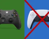 Czarny kontroler Xbox na zielonym tle obok białego kontrolera PlayStation z czerwonym krzyżem. Brak crossplay Xbox PC.