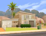 Nowy dom w The Sims 4, z palmami i pustynnym krajobrazem w tle. Idealny, by wykorzystać kod na wszystkie parcele w The Sims 4!