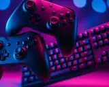 Dwa kontrolery Xbox i klawiatura w neonowym świetle, idealne do gier z dźwiękiem Dolby Atmos.