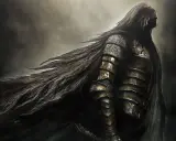Rycerz w zbroi, z długimi włosami rozwianymi przez wiatr, jak w grach podobnych do Dark Souls.