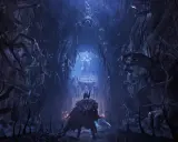 Mroczna, gotycka sceneria z gry Lords of the Fallen. Postać w płaszczu z piór stoi przed ołtarzem, otoczona przez wiszące, groteskowe istoty i gigantyczne oczy.