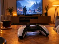 Pad PlayStation na stoliku przed telewizorem w salonie wieczorem