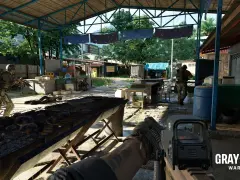 Żołnierze w strefie konfliktu, otoczeni zniszczeniem, to obraz **gray zone warfare**.