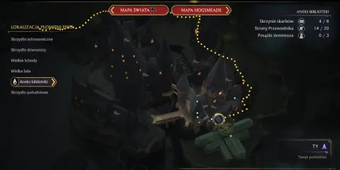 Mapa Hogwartu z zaznaczoną ścieżką. Widać skrzydła zamku, bibliotekę i lokalizację płomieni. Szukasz kluczy Dedala?