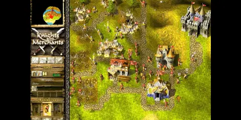 Gra Knights and Merchants: rycerze i kupcy budują zamki, walczą i handlują na zielonych wzgórzach.