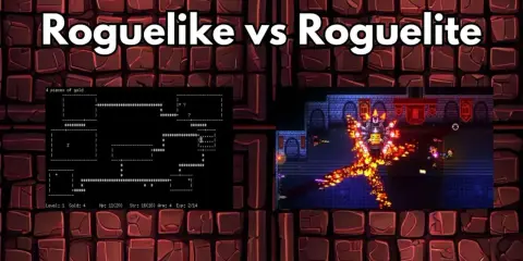 Porównanie gier: klasyczny roguelike z ASCII i nowoczesny roguelite z kolorową grafiką. Dowiedz się, roguelike co to!