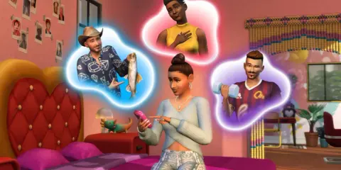 Sims 4 aktualizacje: dziewczyna myśli o randkach z różnymi Simami, jeden z wędką, drugi z hantlem, a trzecia Simka w żółtej bluzce.