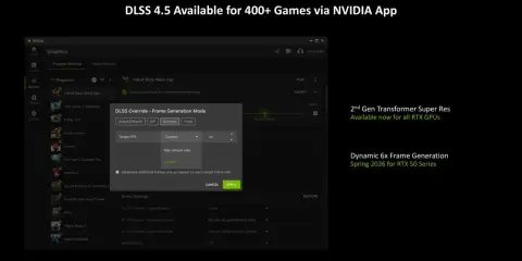 NVIDIA App pokazuje, jak włączyć DLSS dla gry Call of Duty: Black Ops, ustawiając tryb generowania klatek.