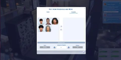 Mody TS4: okno podziału rodziny i przeprowadzki. Wybierz Simów z rodziny Gunn do przeniesienia.