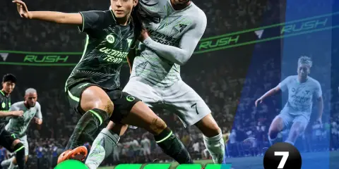 Piłkarze w akcji w FC 25. Kobieta w czarnej koszulce i mężczyzna w białej walczą o piłkę. W tle tłum i logo gry.