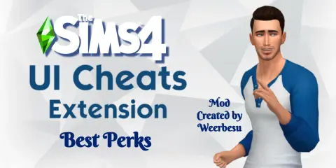 Grafika z napisem "The Sims 4 UI Cheats Extension" i postacią mężczyzny. Ten mod ułatwia grę.