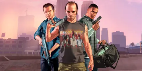 Trzej bohaterowie GTA 5 z bronią i torbą pieniędzy, gotowi na akcję. Sprawdź gta 5 wymagania, by dołączyć do ich przygód!