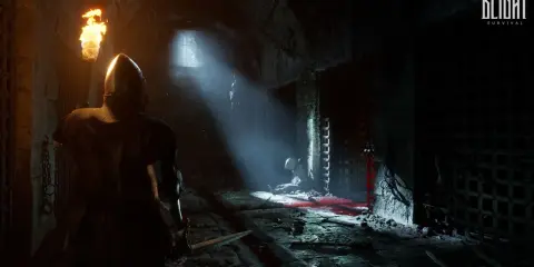 Mroczne lochy, rycerz z pochodnią i mieczem, przygotowuje się do walki o przetrwanie w grze Blight Survival na Xbox.