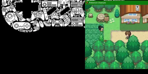 Gry Pokemon na PC: Pokemon Uranium na ekranie, otoczone grafiką z kontrolerami.