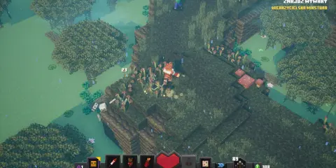 Gracz w grze Minecraft Dungeons walczy z potworami na bagnach, zbierając mikstury.