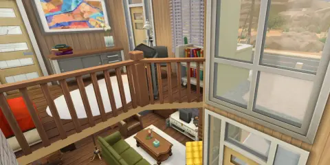 Nowoczesne meble w The Sims 4: zielona sofa, drewniany stolik kawowy i żółty puf tworzą przytulny salon.