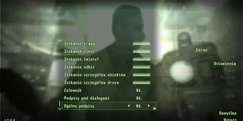 Menu ustawień gry Fallout 3 GOTY. Widać opcje graficzne, dźwiękowe i sterowania, a także możliwość włączenia polskich napisów.
