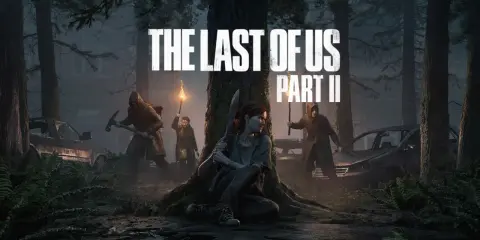 Ellie w lesie, gotowa do walki. W tle widać innych postaci i zniszczone samochody. To okładka gry The Last of Us Part II.
