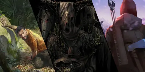 Mroczne, niepokojące grafiki z gier podobnych do The Forest: przerażające maski, zdesperowany mężczyzna w dżungli i łucznik w zimowym krajobrazie.