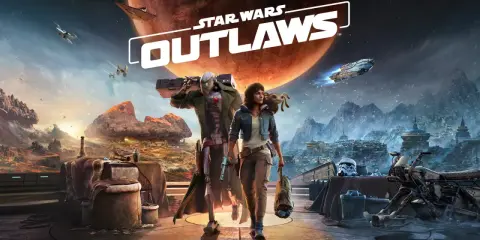 Kay Vess i Nix przemierzają galaktykę w grze Star Wars Outlaws, z ogromną planetą w tle i statkami kosmicznymi na niebie.