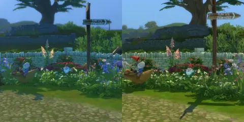 Porównanie grafiki w Sims 4 z różnymi sims 4 shaders. Widać krasnala na kurczaku i kwiaty.
