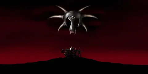 Gothic classic: grupa bohaterów na wzgórzu pod groźnym, demonicznym symbolem.