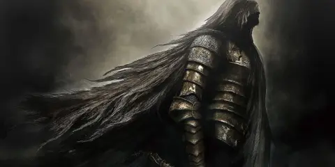 Rycerz w zbroi, z długimi włosami rozwianymi przez wiatr, jak w grach podobnych do Dark Souls.