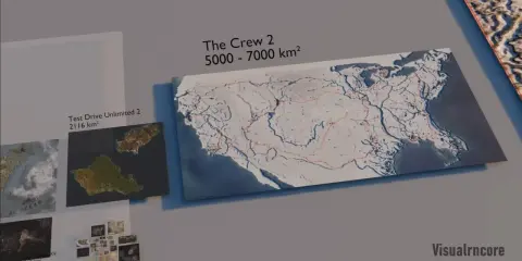 Mapa gry The Crew 2, porównująca jej ogromną powierzchnię z innymi grami. Cała ekipa graczy może przemierzać te tereny.