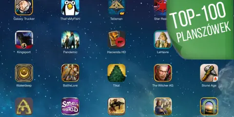 Kolekcja ikon gier na iPada, w tym "Galaxy Trucker", "Pandemic" i "The Witcher AG". Zielona nakładka z napisem "TOP-100 PLANSZÓWEK" sugeruje ranking najlepszych gier planszowych dostępnych na urządzenia mobilne.