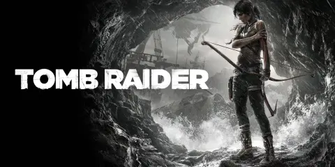 Lara Croft, bohaterka Tomb Raider, stoi na skalistej plaży z łukiem w dłoni, gotowa na przygodę.