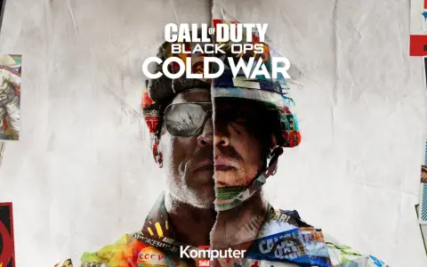 Plakat gry Call of Duty Black Ops Cold War z kolażem propagandowych obrazów z epoki zimnej wojny, w tym radzieckiego kosmonauty i symboli ZSRR.