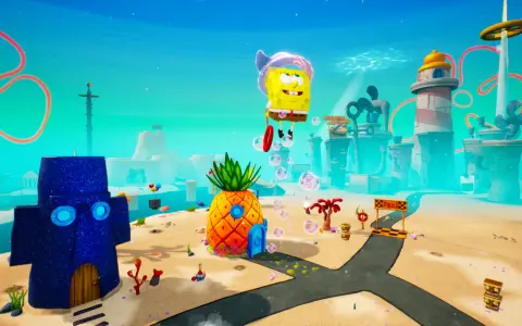 SpongeBob wesoło lata nad Bikini Dolnym, gotowy do kolejnych przygód w spongebob gry online.