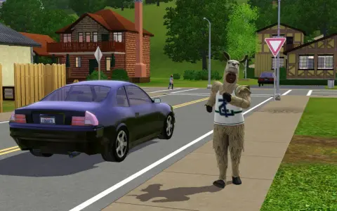 Sim w stroju lamy na ulicy, jakby właśnie wysiadł z samochodu, gotowy na przygody w The Sims 2 na studiach.